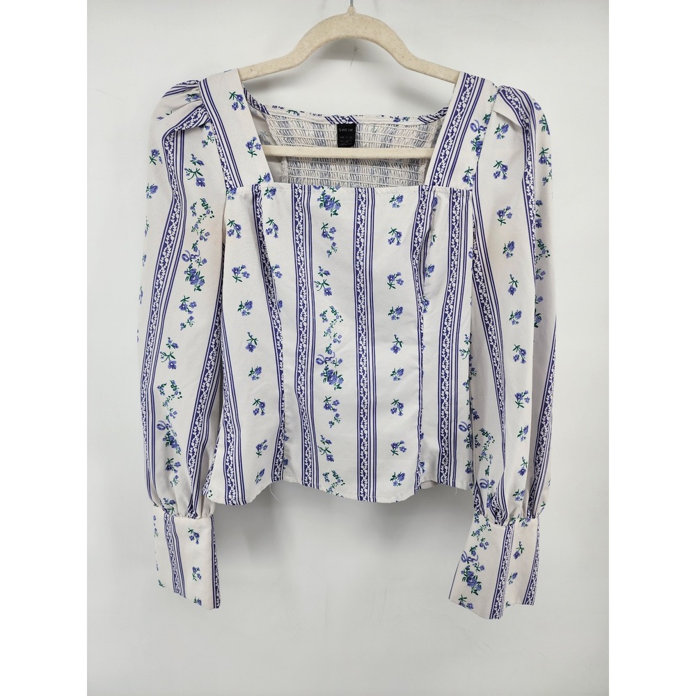 Floral Stripe Square Neck Puff Sleeve Smocked Blouse‎ XS 2